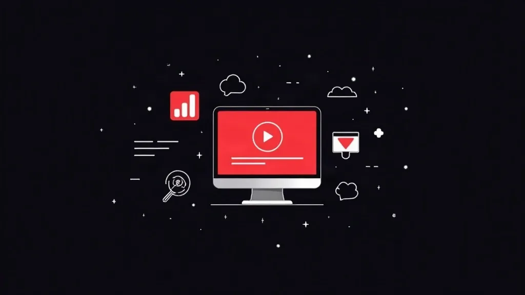 Monitor sa videoplajerom okružen ikonama za analitiku, oblake i marketing alate