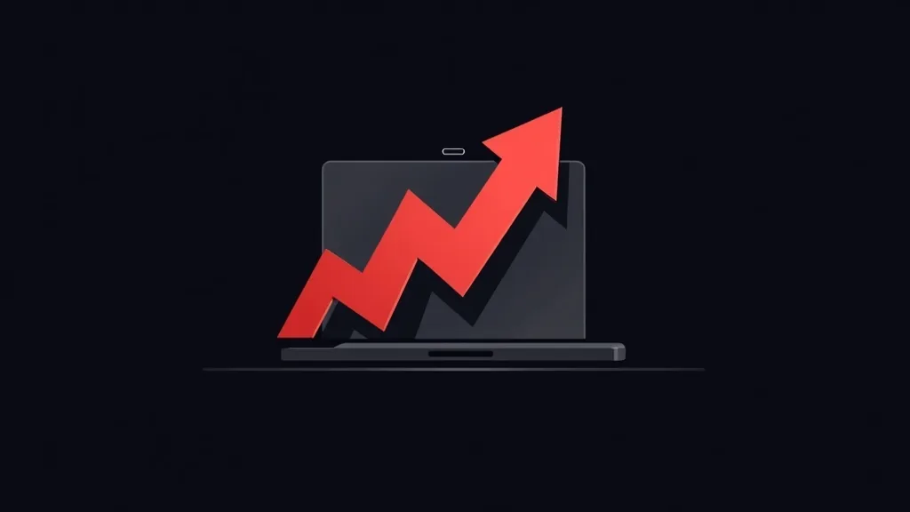 Grafički prikaz uzlazne crvene strelice na laptopu symbolizujući rast i uspeh u digitalnom marketingu