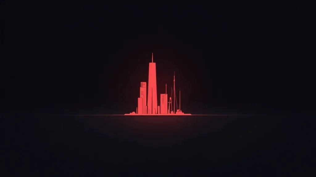 Neonska crvena ilustracija градskog skyline-a simbolизирајuće раст и развој малог бизниса