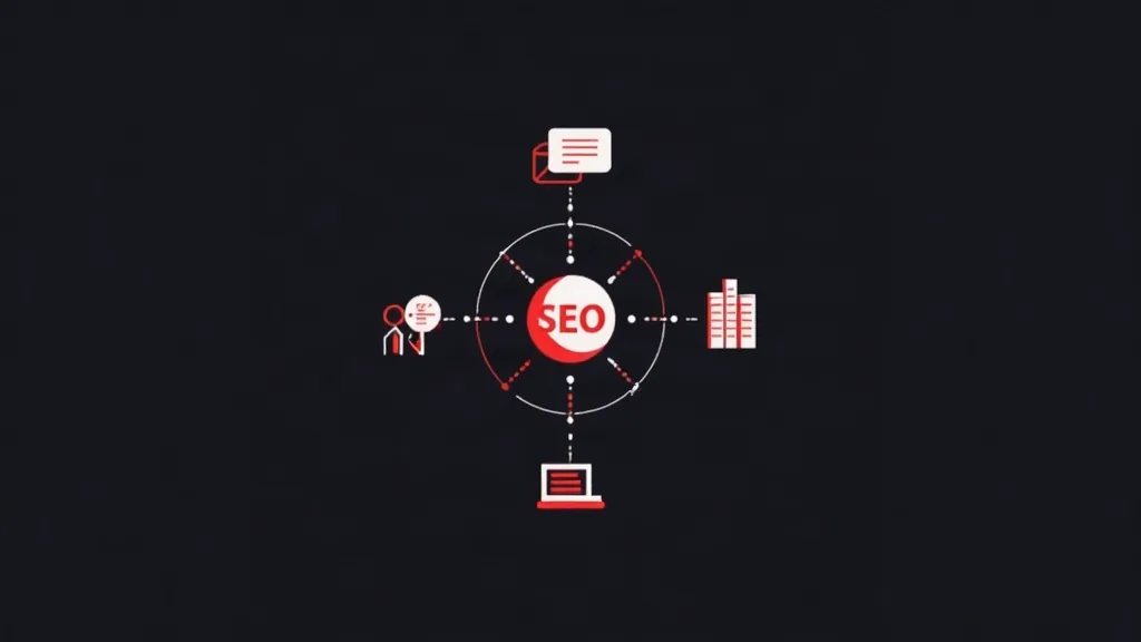 Dijagram SEO strategije sa ikonama za optimizaciju sajta, analitiku i poslovni rast