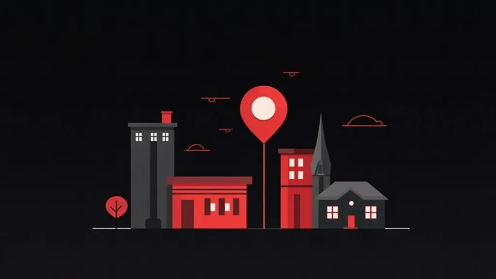 Ilustracija grada sa crvenim zgradama, lokacijom i balongom za lokalnu SEO optimizaciju malog biznisa