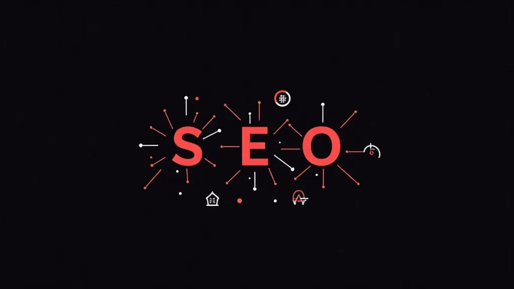 SEO ilustracija sa ikonama koje predstavljaju ključne elemente optimizacije za pretraživače i rangiranje vebsajta
