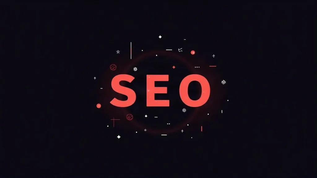 SEO optimizacija grafika s crvenim natpisom, simbolima i ikonama na tamnoj pozadini