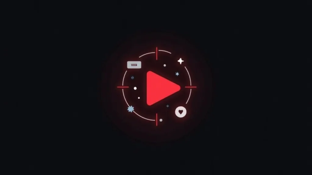 Crveni play dugme sa ikonama u kružnoj orbiti na crnoj pozadini - simbolika video sadržaja i digitalne optimizacije